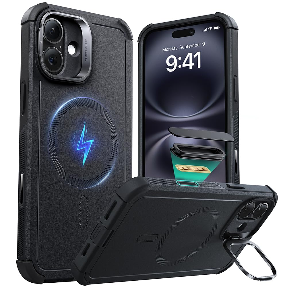 ESR for iPhone 17 Pro Max Case with Stash Stand, 7X Military-Grade Drop Protection with Camera Control, Shock-Absorbing Phone Rugged Cover, Compatible with MagSafe Accessories, Cyber Series, Black