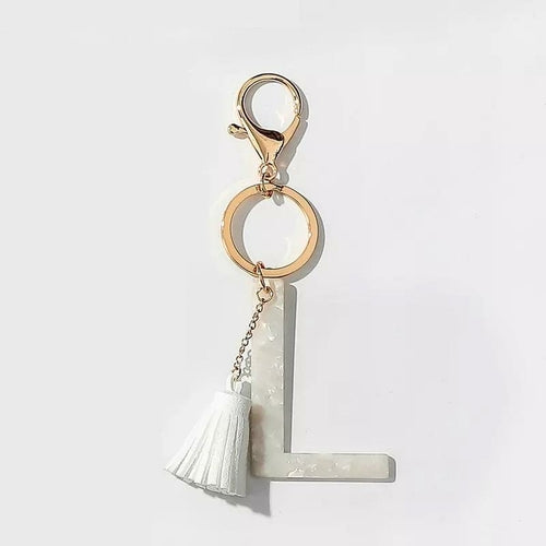 Tasseled Initial Key Chain, White