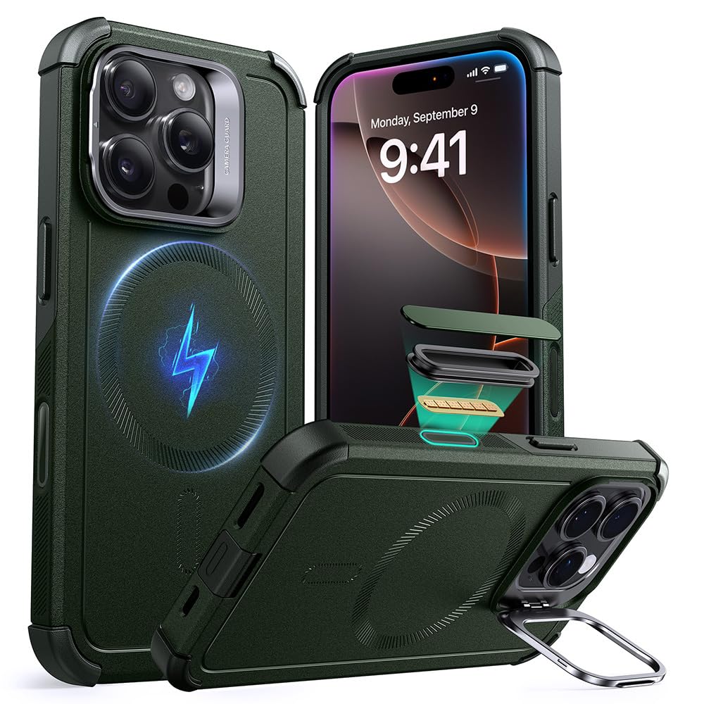 ESR for iPhone 17 Pro Max Case with Stash Stand, 7X Military-Grade Drop Protection with Camera Control, Shock-Absorbing Phone Rugged Cover, Compatible with MagSafe Accessories, Cyber Series, Black