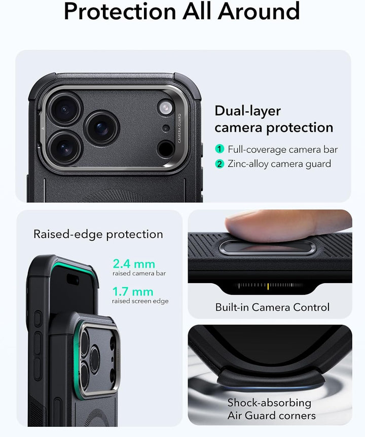 ESR for iPhone 17 Pro Max Case with Stash Stand, 7X Military-Grade Drop Protection with Camera Control, Shock-Absorbing Phone Rugged Cover, Compatible with MagSafe Accessories, Cyber Series, Black