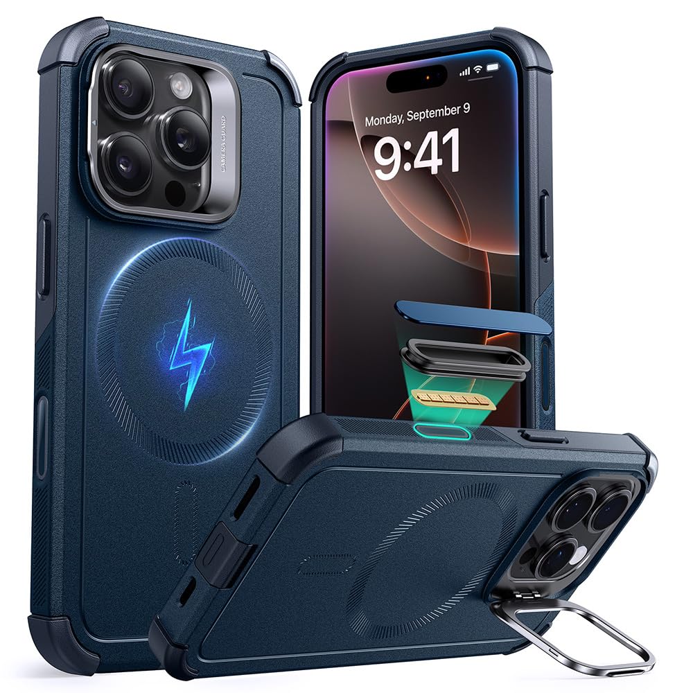 ESR for iPhone 17 Pro Max Case with Stash Stand, 7X Military-Grade Drop Protection with Camera Control, Shock-Absorbing Phone Rugged Cover, Compatible with MagSafe Accessories, Cyber Series, Black
