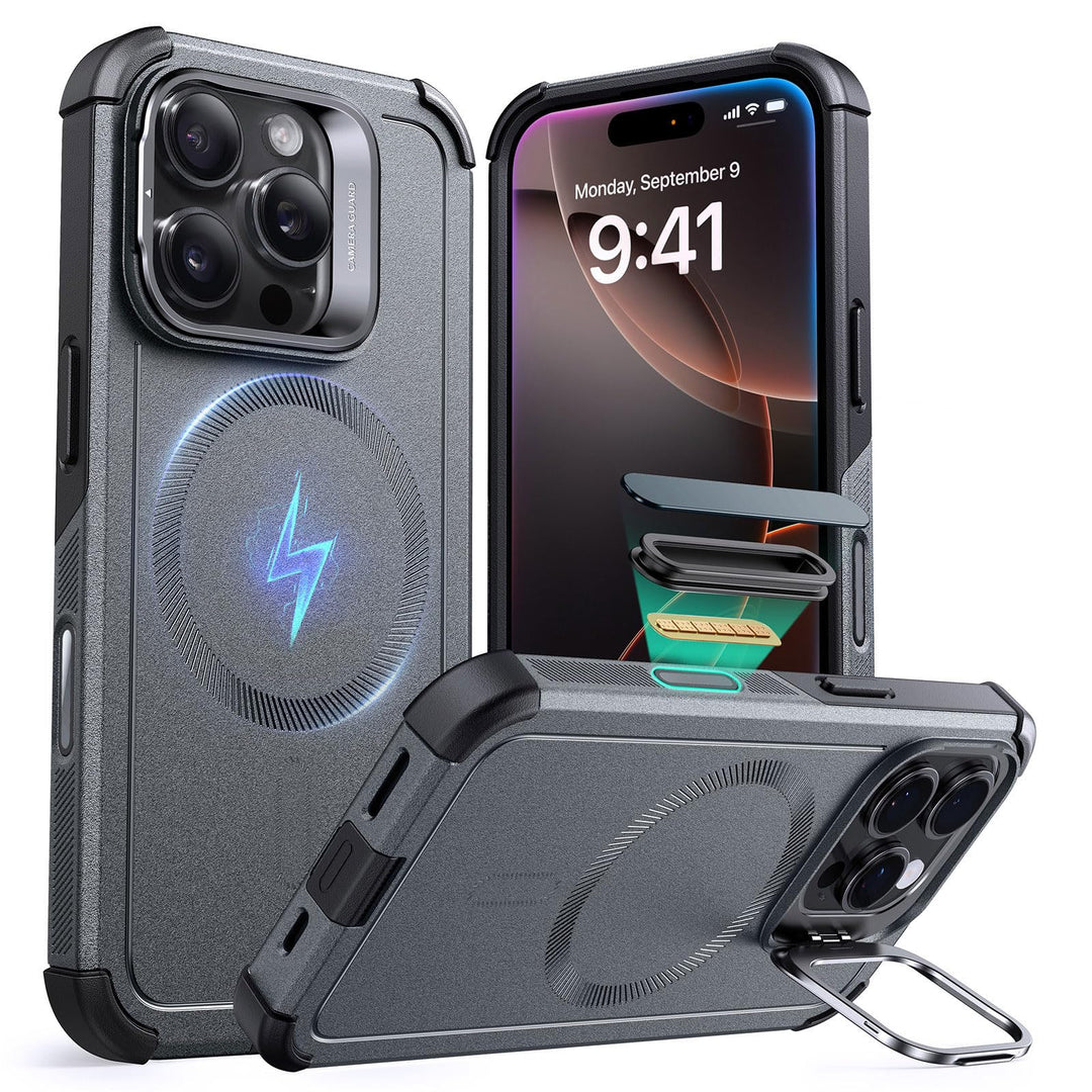 ESR for iPhone 17 Pro Max Case with Stash Stand, 7X Military-Grade Drop Protection with Camera Control, Shock-Absorbing Phone Rugged Cover, Compatible with MagSafe Accessories, Cyber Series, Black