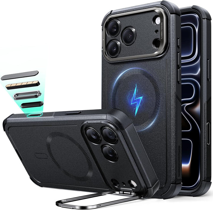 ESR for iPhone 17 Pro Max Case with Stash Stand, 7X Military-Grade Drop Protection with Camera Control, Shock-Absorbing Phone Rugged Cover, Compatible with MagSafe Accessories, Cyber Series, Black
