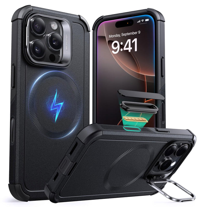 ESR for iPhone 17 Pro Max Case with Stash Stand, 7X Military-Grade Drop Protection with Camera Control, Shock-Absorbing Phone Rugged Cover, Compatible with MagSafe Accessories, Cyber Series, Black